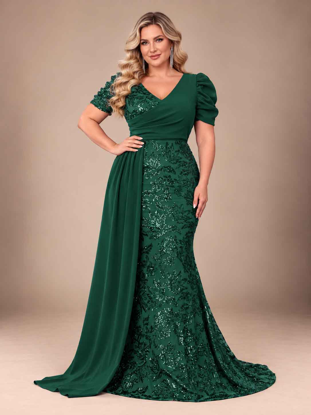 Women’s Teal Blue Elegant Sequin V-Neck Short Puff Sleeve Mermaid Maxi Dress with Draped Overlay Detail