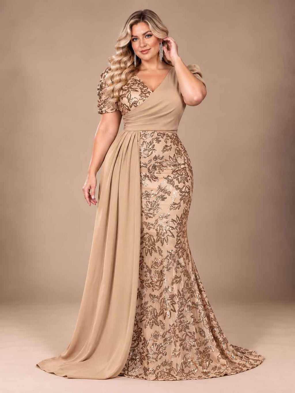 Women’s Teal Blue Elegant Sequin V-Neck Short Puff Sleeve Mermaid Maxi Dress with Draped Overlay Detail