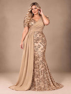 Women’s Teal Blue Elegant Sequin V-Neck Short Puff Sleeve Mermaid Maxi Dress with Draped Overlay Detail