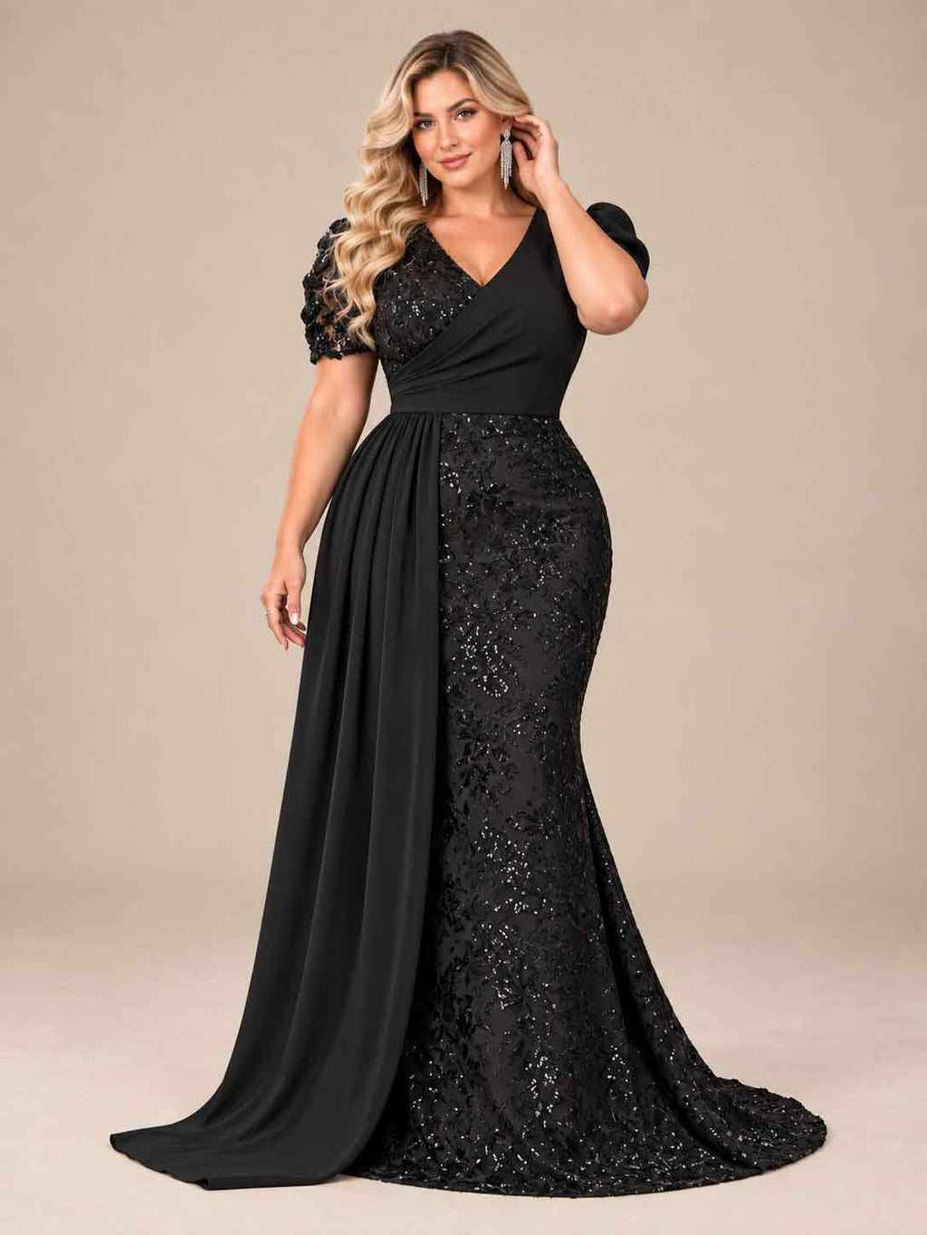 Women’s Teal Blue Elegant Sequin V-Neck Short Puff Sleeve Mermaid Maxi Dress with Draped Overlay Detail