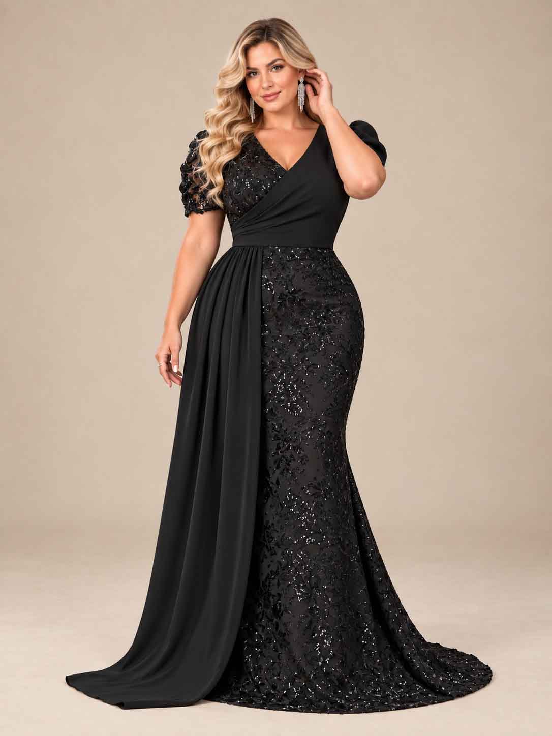 Women’s Teal Blue Elegant Sequin V-Neck Short Puff Sleeve Mermaid Maxi Dress with Draped Overlay Detail
