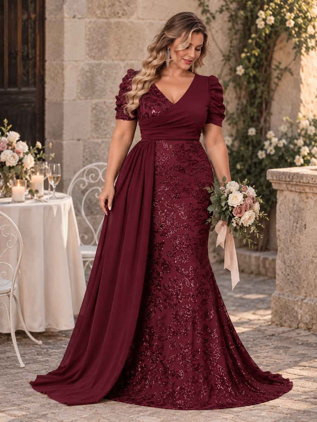 Women’s Teal Blue Elegant Sequin V-Neck Short Puff Sleeve Mermaid Maxi Dress with Draped Overlay Detail