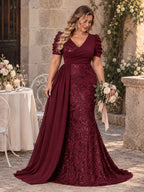 Women’s Teal Blue Elegant Sequin V-Neck Short Puff Sleeve Mermaid Maxi Dress with Draped Overlay Detail