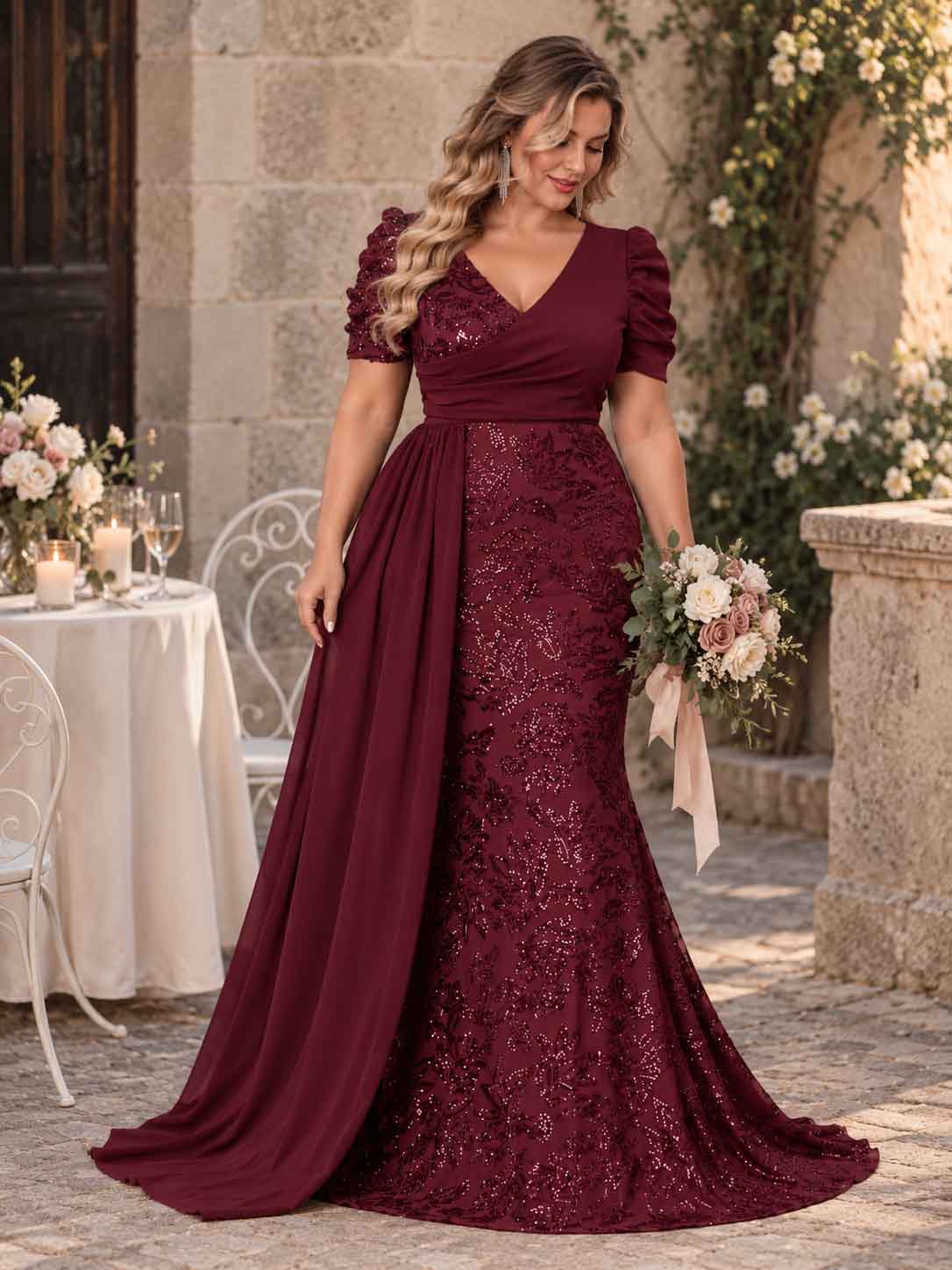 Women’s Teal Blue Elegant Sequin V-Neck Short Puff Sleeve Mermaid Maxi Dress with Draped Overlay Detail
