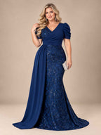 Women’s Teal Blue Elegant Sequin V-Neck Short Puff Sleeve Mermaid Maxi Dress with Draped Overlay Detail