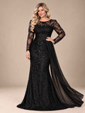 Women’s Black Elegant Sequin Round Neck Sheer Long Sleeve Mermaid Maxi Dress with Draped Chiffon Detail
