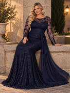 Women’s Black Elegant Sequin Round Neck Sheer Long Sleeve Mermaid Maxi Dress with Draped Chiffon Detail