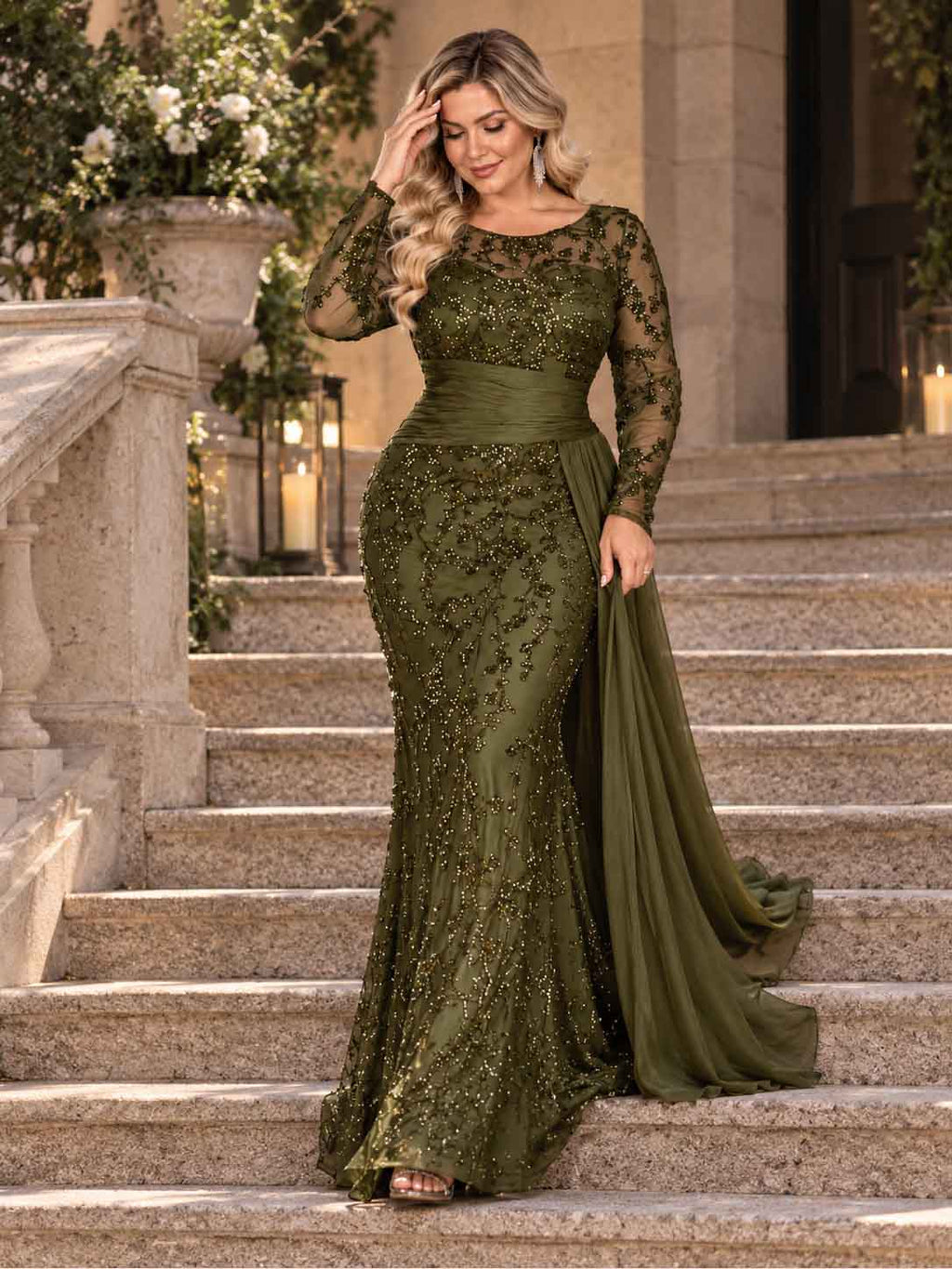 Women’s Black Elegant Sequin Round Neck Sheer Long Sleeve Mermaid Maxi Dress with Draped Chiffon Detail