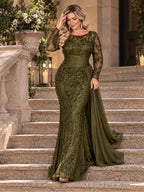 Women’s Black Elegant Sequin Round Neck Sheer Long Sleeve Mermaid Maxi Dress with Draped Chiffon Detail
