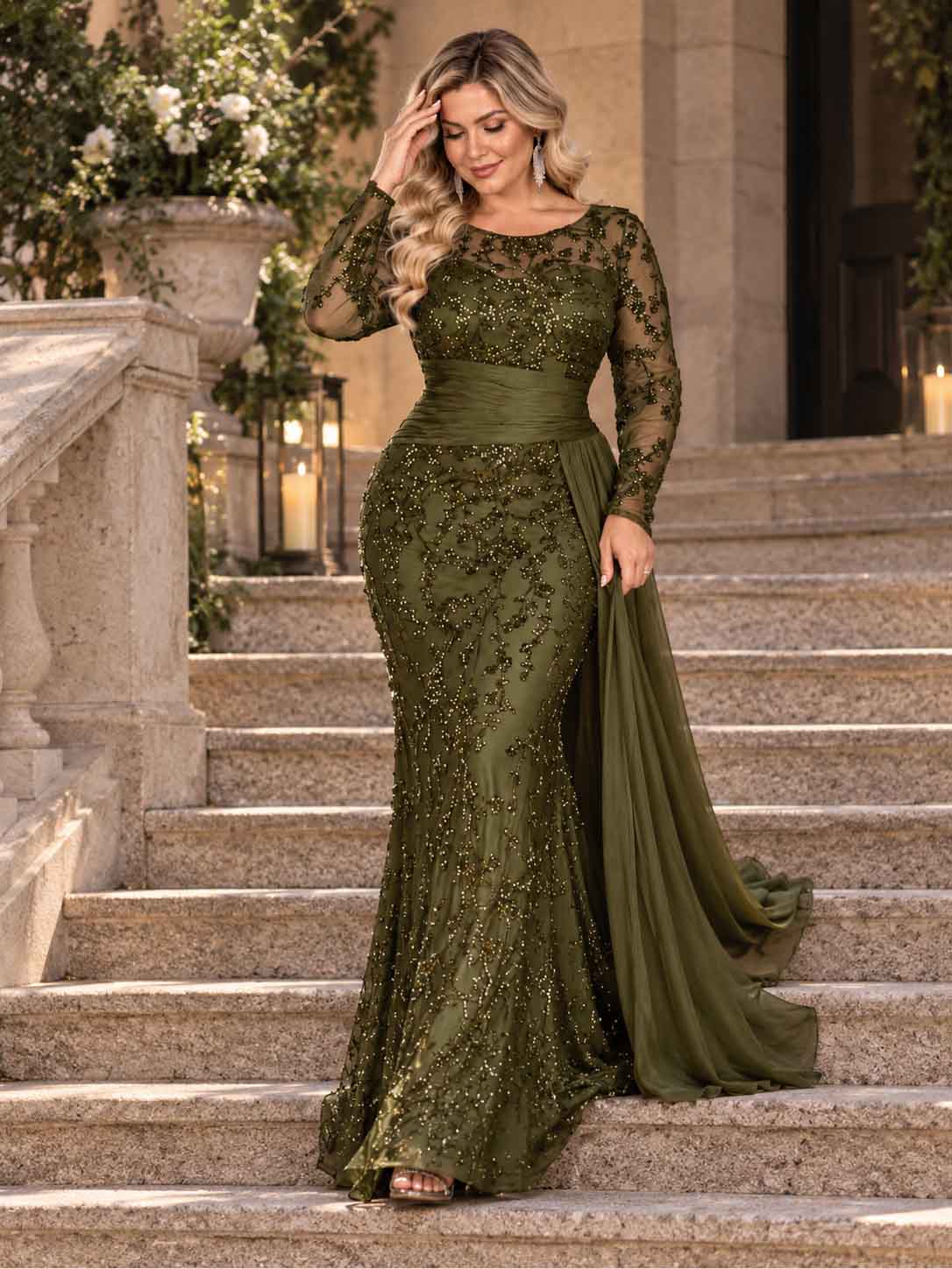 Women’s Black Elegant Sequin Round Neck Sheer Long Sleeve Mermaid Maxi Dress with Draped Chiffon Detail
