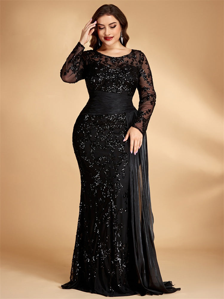 Women’s Black Elegant Sequin Round Neck Sheer Long Sleeve Mermaid Maxi Dress with Draped Chiffon Detail