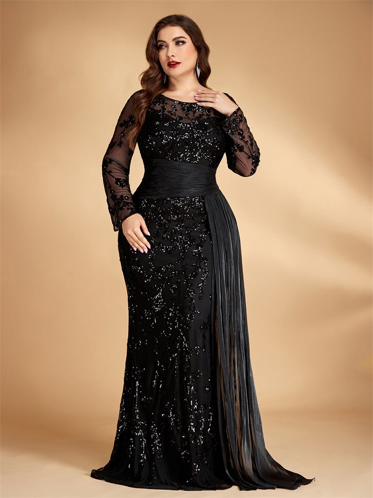 Women’s Black Elegant Sequin Round Neck Sheer Long Sleeve Mermaid Maxi Dress with Draped Chiffon Detail