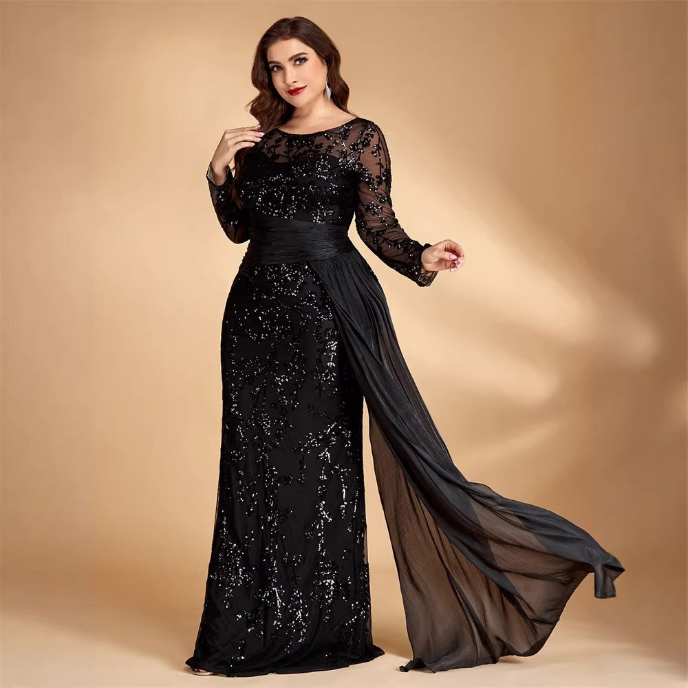 Women’s Black Elegant Sequin Round Neck Sheer Long Sleeve Mermaid Maxi Dress with Draped Chiffon Detail