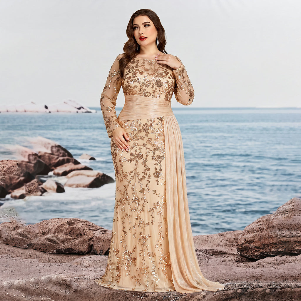 Women’s Black Elegant Sequin Round Neck Sheer Long Sleeve Mermaid Maxi Dress with Draped Chiffon Detail