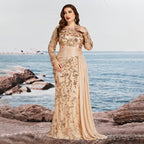 Women’s Black Elegant Sequin Round Neck Sheer Long Sleeve Mermaid Maxi Dress with Draped Chiffon Detail