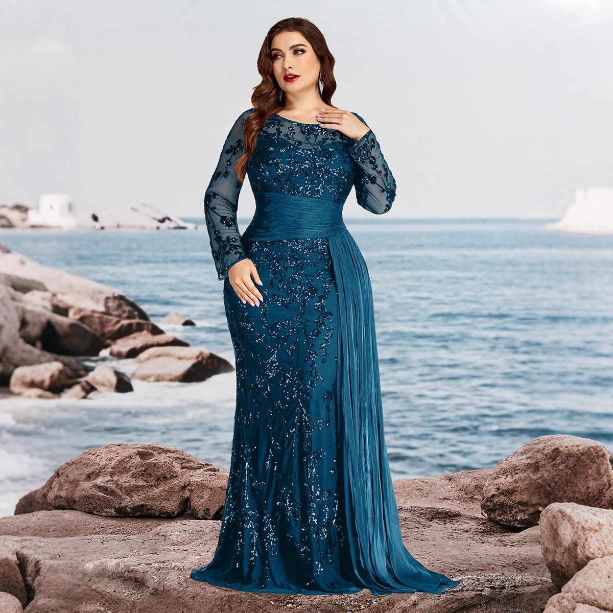 Women’s Black Elegant Sequin Round Neck Sheer Long Sleeve Mermaid Maxi Dress with Draped Chiffon Detail