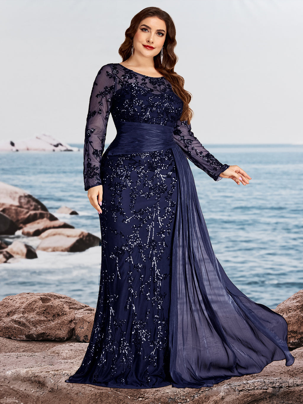Women’s Black Elegant Sequin Round Neck Sheer Long Sleeve Mermaid Maxi Dress with Draped Chiffon Detail