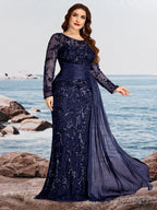 Women’s Black Elegant Sequin Round Neck Sheer Long Sleeve Mermaid Maxi Dress with Draped Chiffon Detail