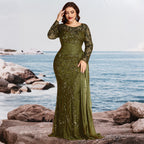Women’s Black Elegant Sequin Round Neck Sheer Long Sleeve Mermaid Maxi Dress with Draped Chiffon Detail