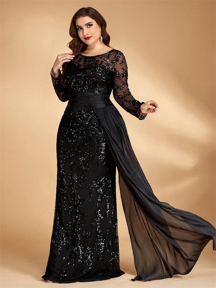 Women’s Black Elegant Sequin Round Neck Sheer Long Sleeve Mermaid Maxi Dress with Draped Chiffon Detail