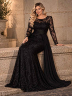 Women’s Black Elegant Sequin Round Neck Sheer Long Sleeve Mermaid Maxi Dress with Draped Chiffon Detail