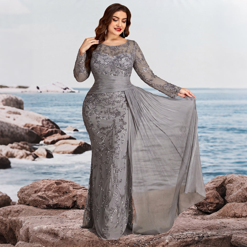 Women’s Black Elegant Sequin Round Neck Sheer Long Sleeve Mermaid Maxi Dress with Draped Chiffon Detail
