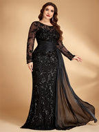 Women’s Black Elegant Sequin Round Neck Sheer Long Sleeve Mermaid Maxi Dress with Draped Chiffon Detail