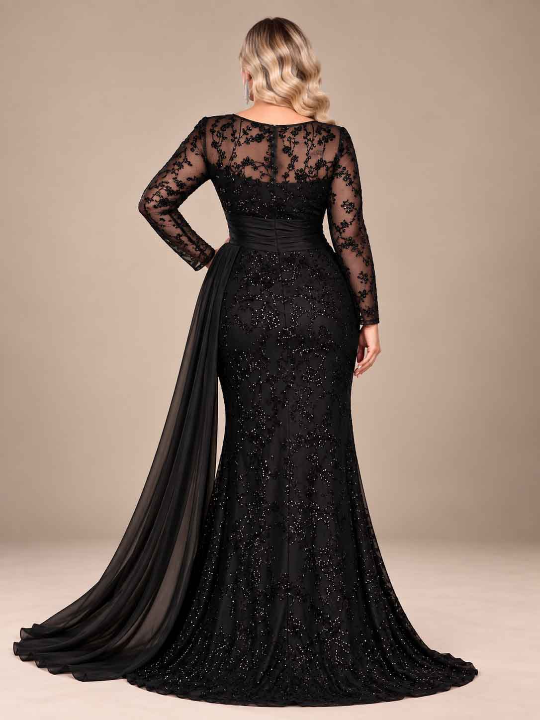 Women’s Black Elegant Sequin Round Neck Sheer Long Sleeve Mermaid Maxi Dress with Draped Chiffon Detail