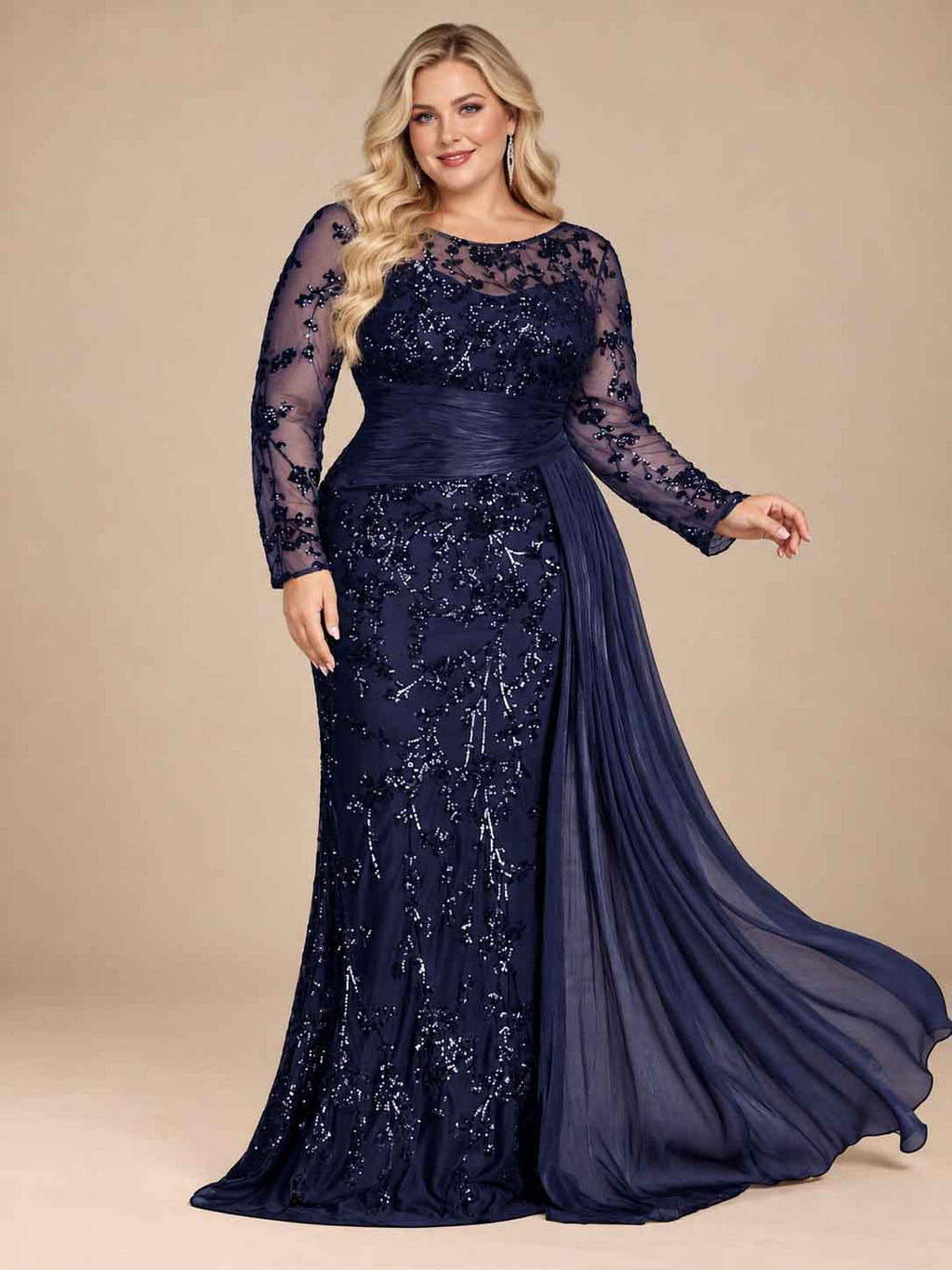 Women’s Black Elegant Sequin Round Neck Sheer Long Sleeve Mermaid Maxi Dress with Draped Chiffon Detail