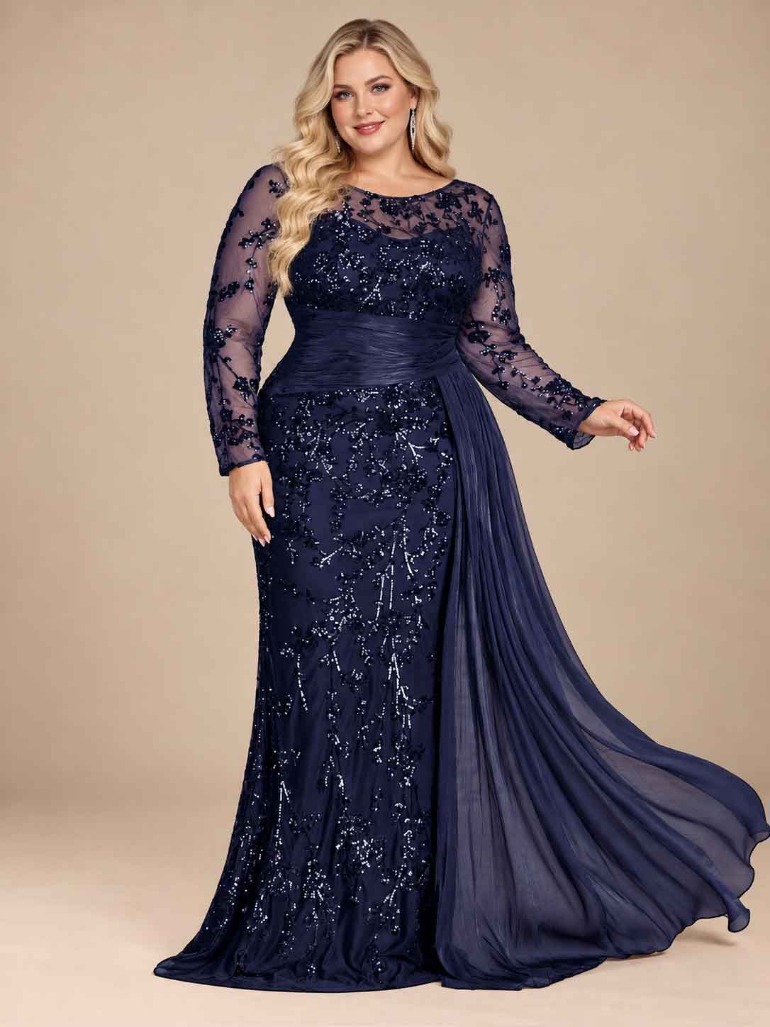 Women’s Black Elegant Sequin Round Neck Sheer Long Sleeve Mermaid Maxi Dress with Draped Chiffon Detail