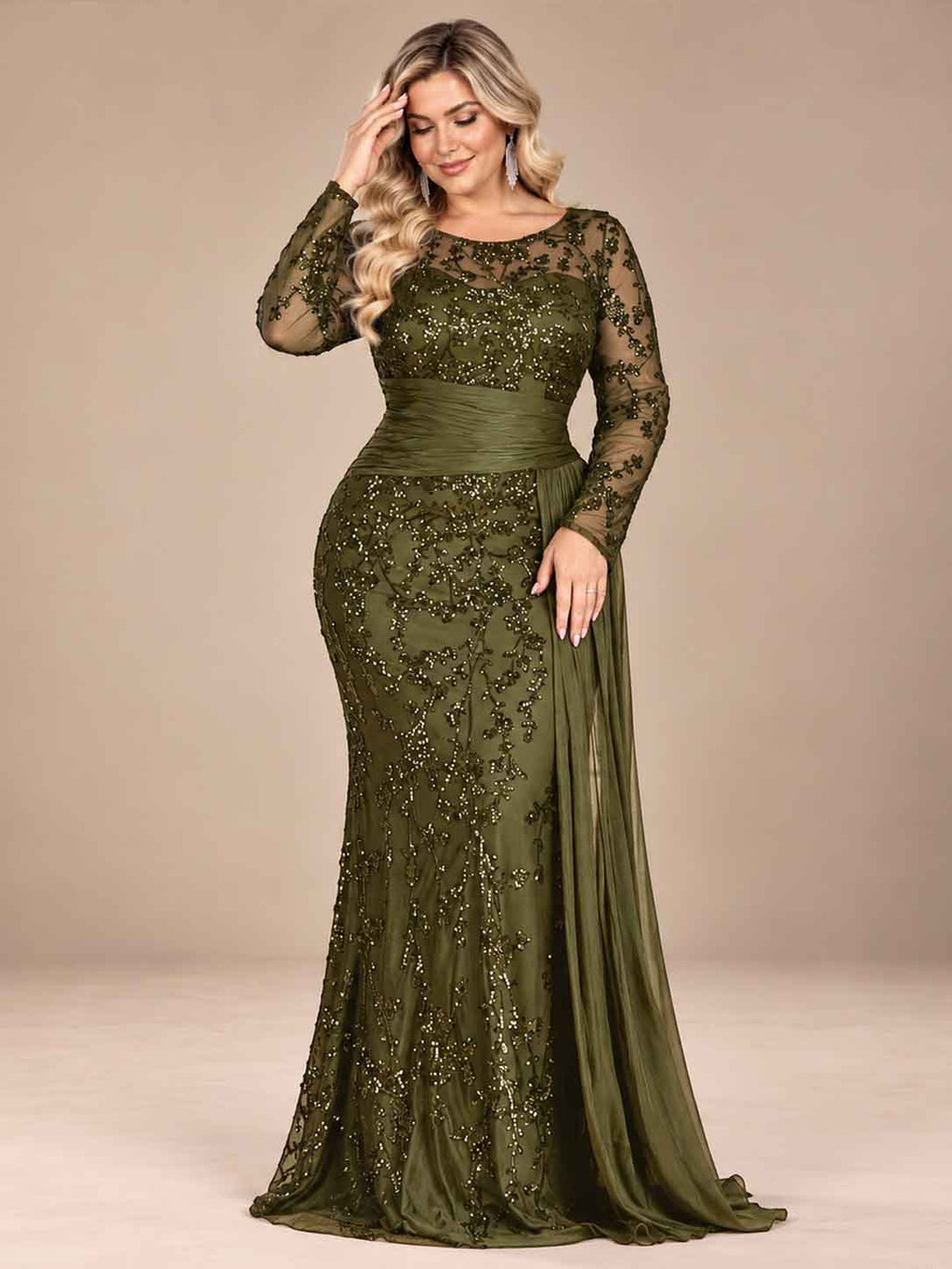 Women’s Black Elegant Sequin Round Neck Sheer Long Sleeve Mermaid Maxi Dress with Draped Chiffon Detail