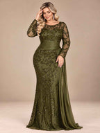 Women’s Black Elegant Sequin Round Neck Sheer Long Sleeve Mermaid Maxi Dress with Draped Chiffon Detail