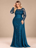 Women’s Black Elegant Sequin Round Neck Sheer Long Sleeve Mermaid Maxi Dress with Draped Chiffon Detail
