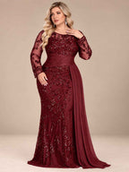 Women’s Black Elegant Sequin Round Neck Sheer Long Sleeve Mermaid Maxi Dress with Draped Chiffon Detail