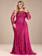 Women’s Black Elegant Sequin Round Neck Sheer Long Sleeve Mermaid Maxi Dress with Draped Chiffon Detail