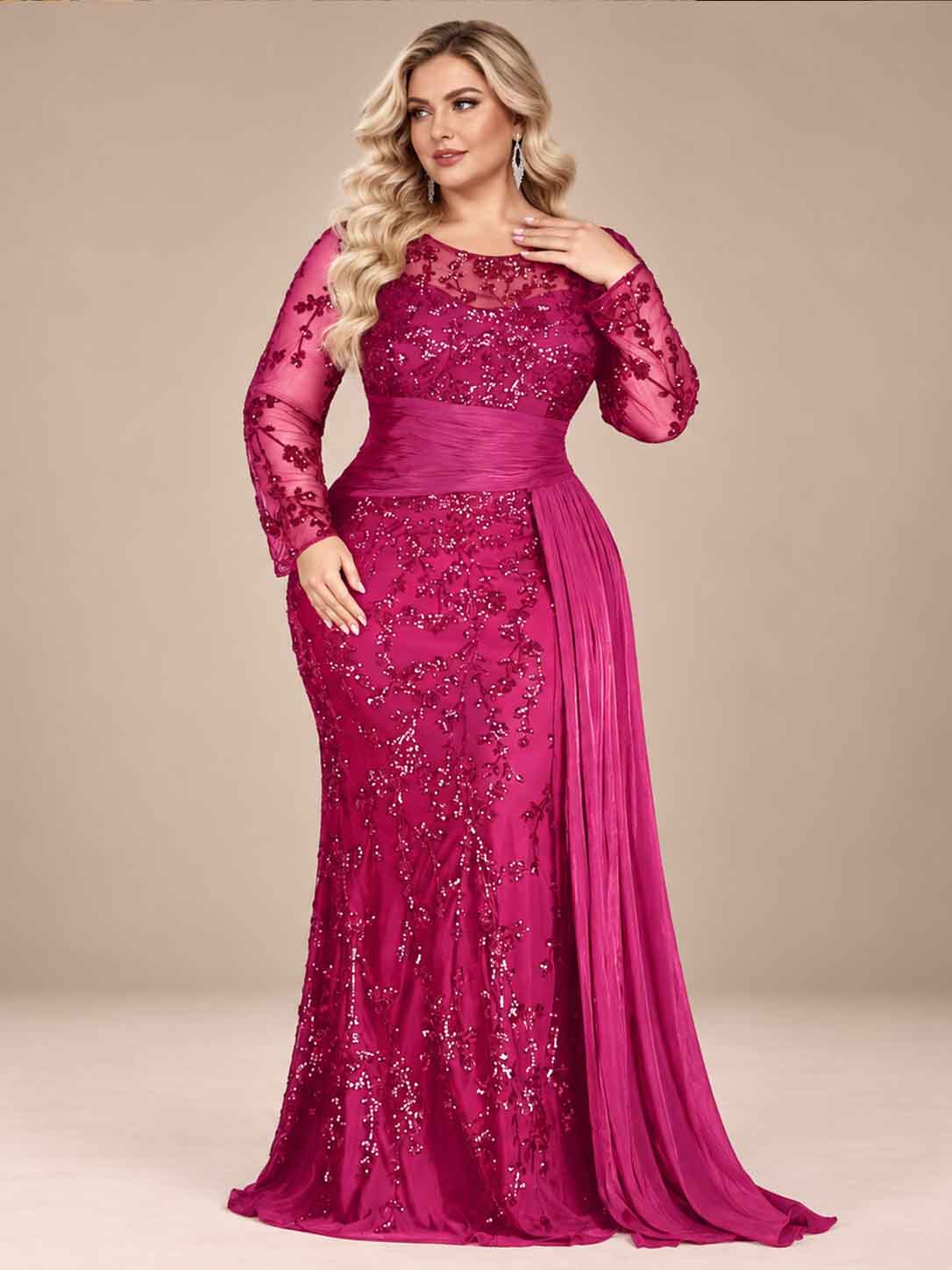 Women’s Black Elegant Sequin Round Neck Sheer Long Sleeve Mermaid Maxi Dress with Draped Chiffon Detail