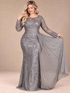 Women’s Black Elegant Sequin Round Neck Sheer Long Sleeve Mermaid Maxi Dress with Draped Chiffon Detail
