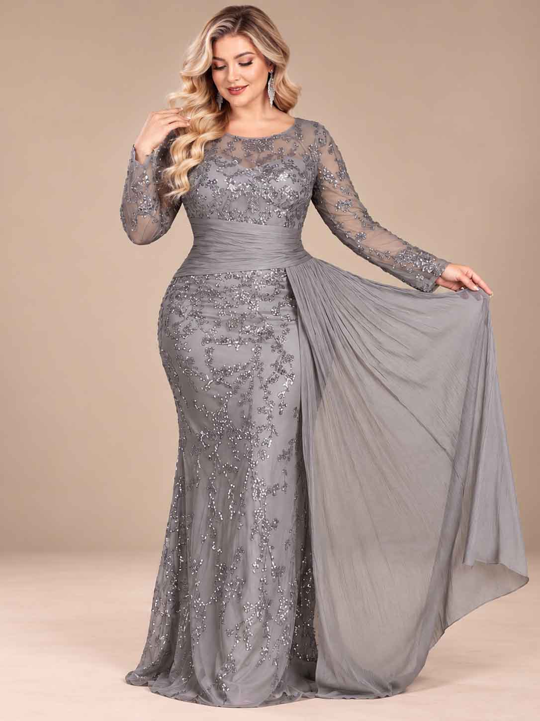 Women’s Black Elegant Sequin Round Neck Sheer Long Sleeve Mermaid Maxi Dress with Draped Chiffon Detail