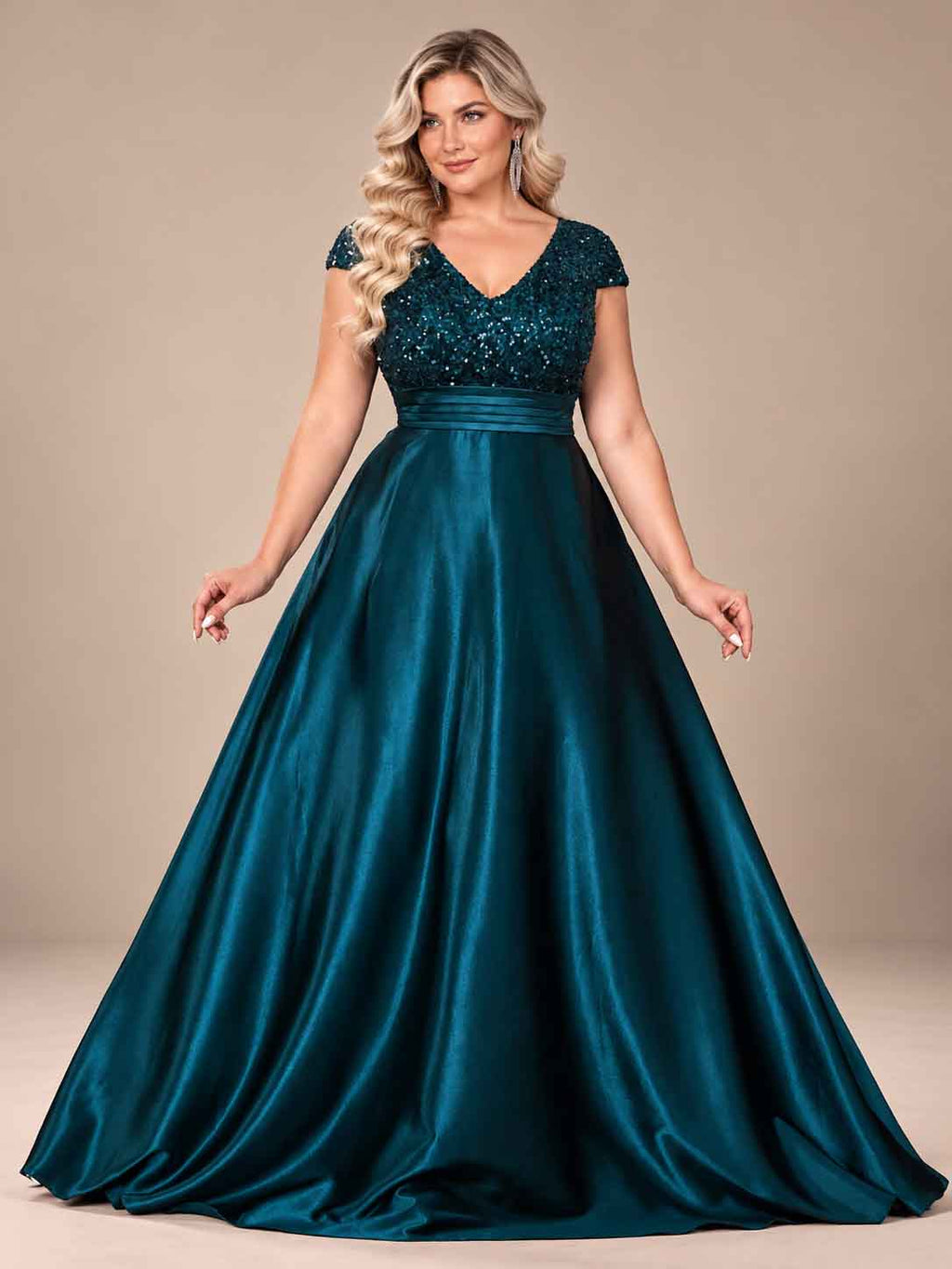 Women’s Teal Green Elegant Sequin V-Neck Cap Sleeve Satin A-Line Maxi Dress with Pleated Waist Detail