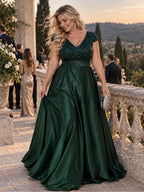 Women’s Teal Green Elegant Sequin V-Neck Cap Sleeve Satin A-Line Maxi Dress with Pleated Waist Detail