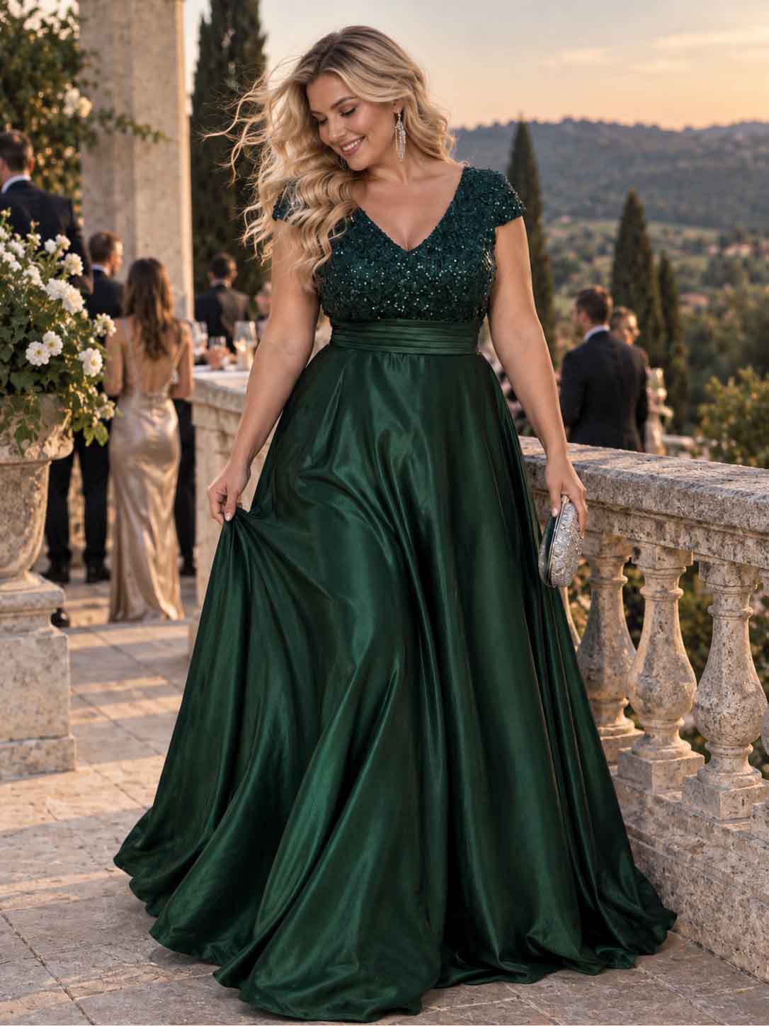 Women’s Teal Green Elegant Sequin V-Neck Cap Sleeve Satin A-Line Maxi Dress with Pleated Waist Detail