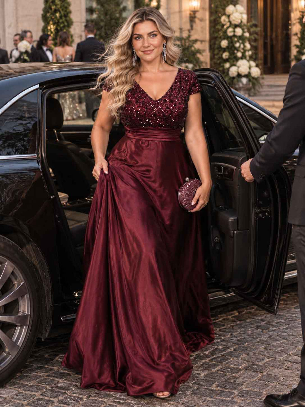Women’s Teal Green Elegant Sequin V-Neck Cap Sleeve Satin A-Line Maxi Dress with Pleated Waist Detail