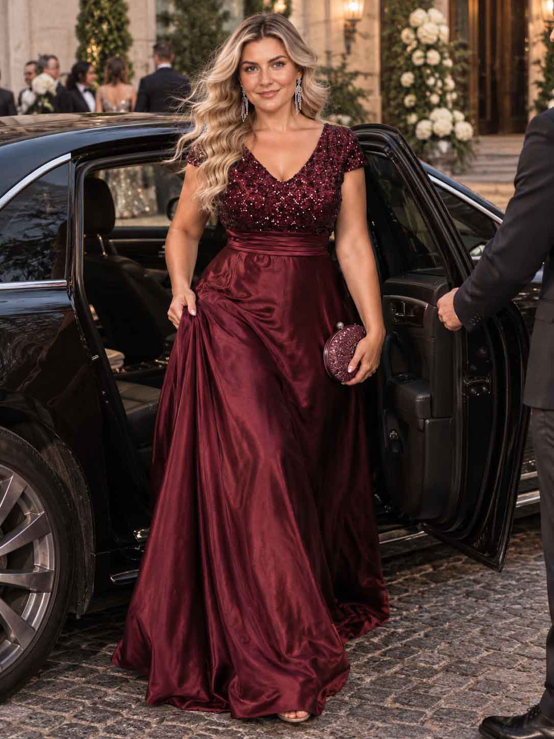Women’s Teal Green Elegant Sequin V-Neck Cap Sleeve Satin A-Line Maxi Dress with Pleated Waist Detail