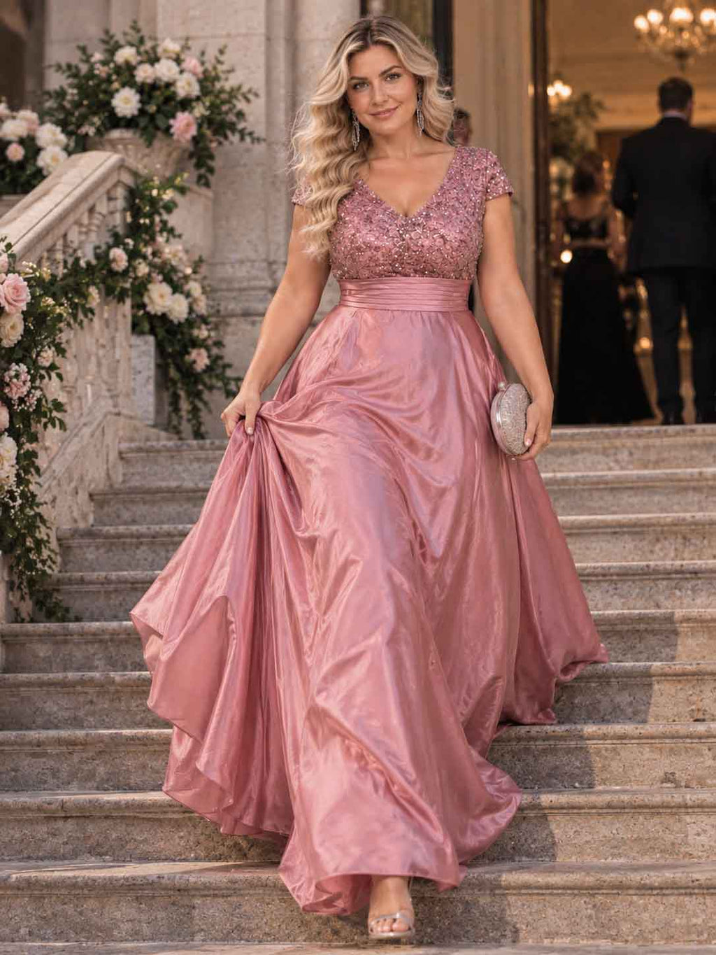 Women’s Teal Green Elegant Sequin V-Neck Cap Sleeve Satin A-Line Maxi Dress with Pleated Waist Detail