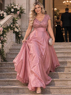 Women’s Teal Green Elegant Sequin V-Neck Cap Sleeve Satin A-Line Maxi Dress with Pleated Waist Detail