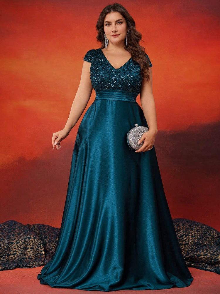 Women’s Teal Green Elegant Sequin V-Neck Cap Sleeve Satin A-Line Maxi Dress with Pleated Waist Detail