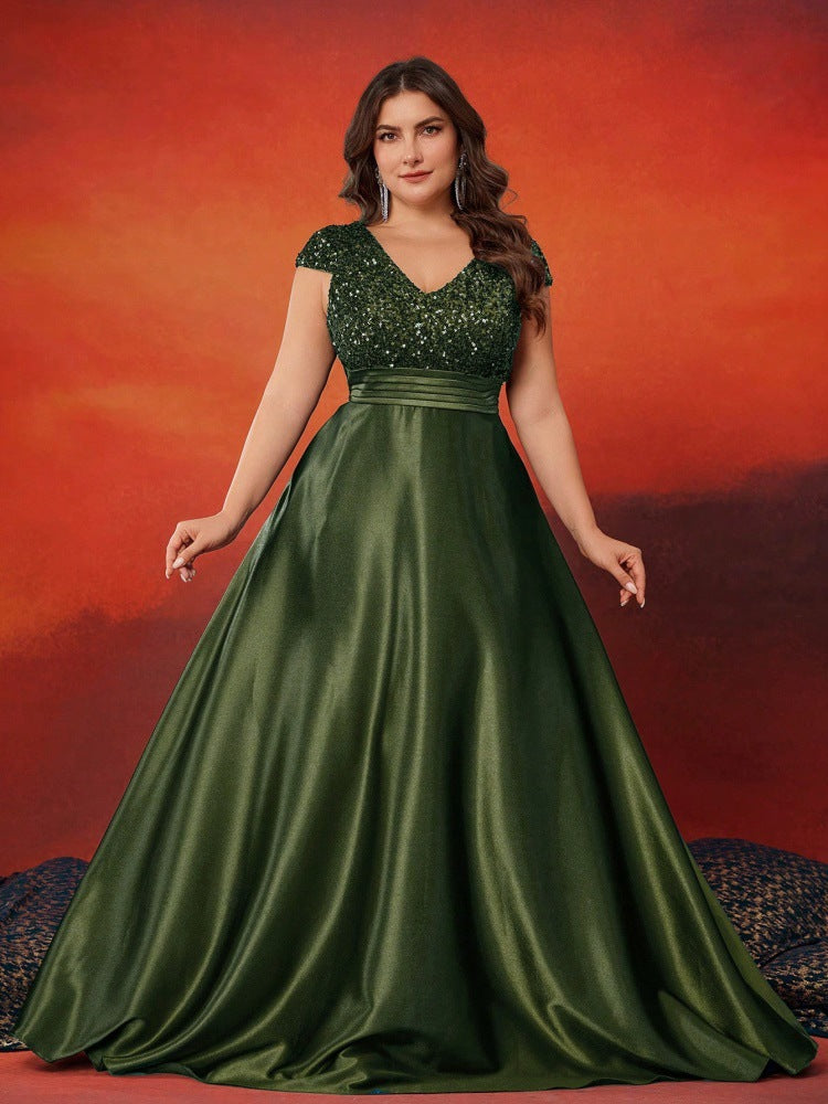 Women’s Teal Green Elegant Sequin V-Neck Cap Sleeve Satin A-Line Maxi Dress with Pleated Waist Detail