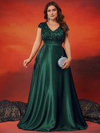 Women’s Teal Green Elegant Sequin V-Neck Cap Sleeve Satin A-Line Maxi Dress with Pleated Waist Detail