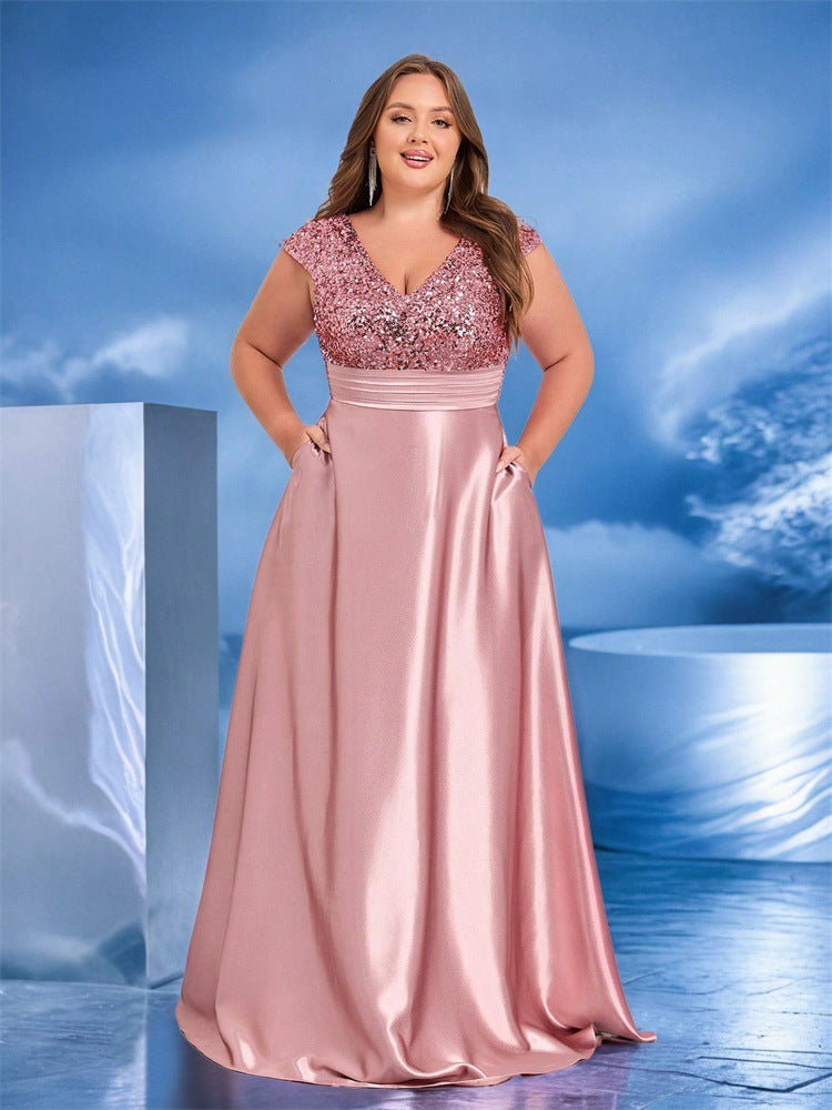 Women’s Teal Green Elegant Sequin V-Neck Cap Sleeve Satin A-Line Maxi Dress with Pleated Waist Detail