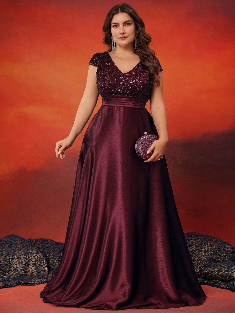 Women’s Teal Green Elegant Sequin V-Neck Cap Sleeve Satin A-Line Maxi Dress with Pleated Waist Detail